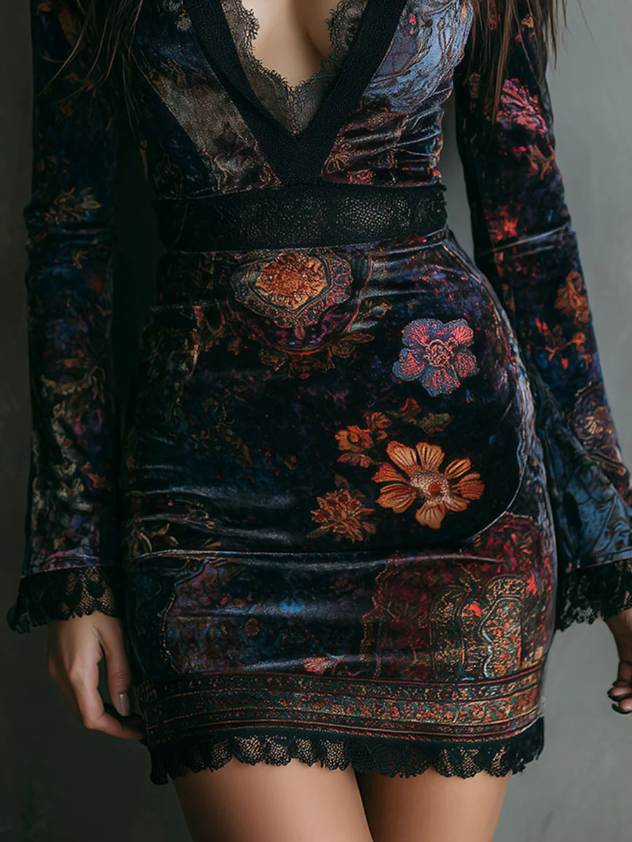 Ruxley Black Floral Print Velvet Mini Dress - V-Neck Lace Trim