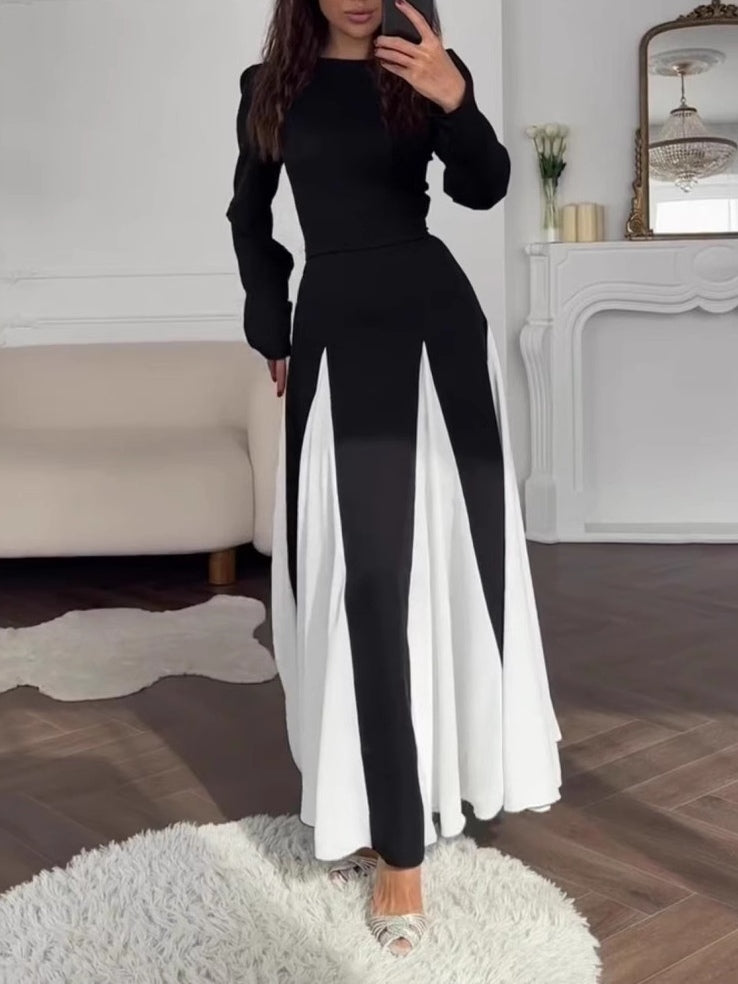 Ruxley Black & White Colorblock Dress - Elegant Round Neck Maxi Fit