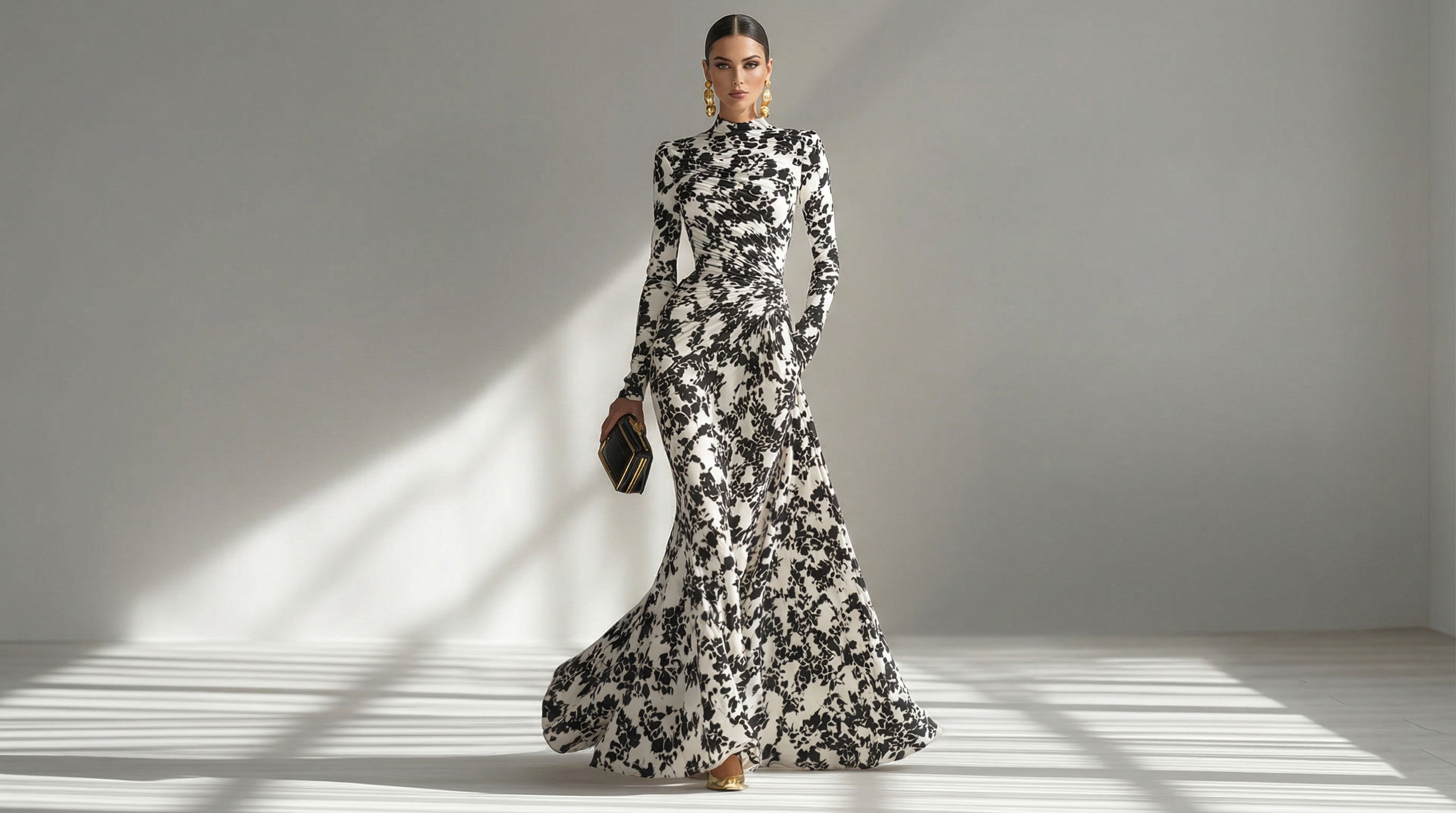 Woman wearing a black and white floral dress in a minimalistic setting