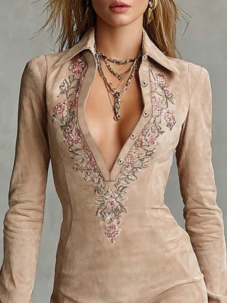 Ruxley Beige Floral Lapel Midi Dress - Suede Long Sleeve