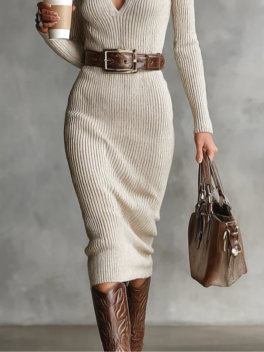 Ruxley Belted Knit Midi Dress - V-Neck Long Sleeve Fitted