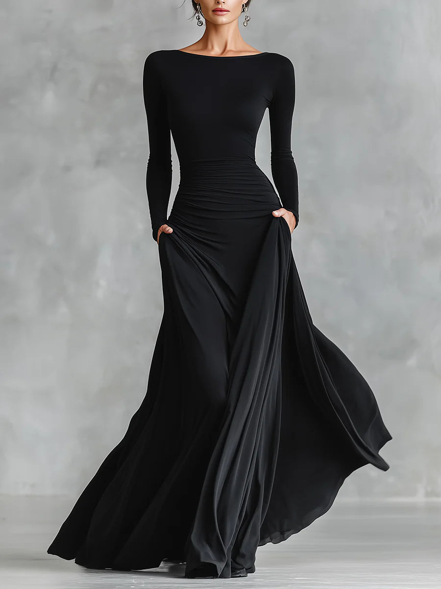 Ruxley Black Crepe Maxi Dress - Boat Neck & Pleated Floor-Length