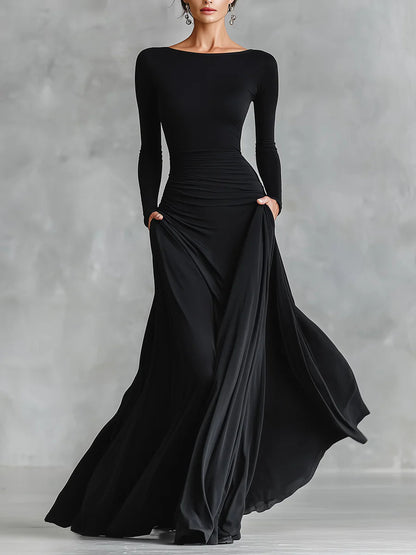 Ruxley Black Crepe Maxi Dress - Boat Neck & Pleated Floor-Length