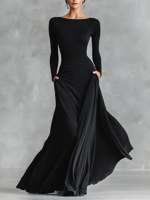 Ruxley Black Crepe Maxi Dress - Boat Neck & Pleated Floor-Length