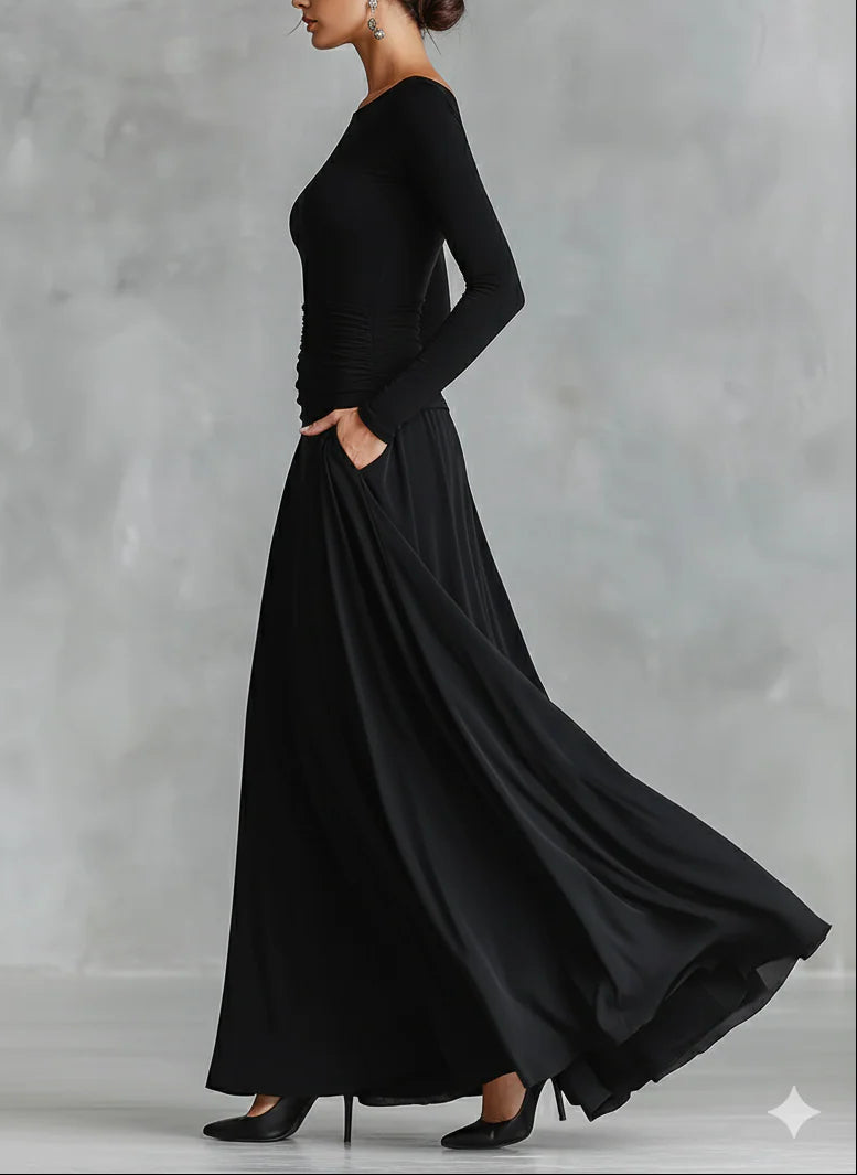 Ruxley Black Crepe Maxi Dress - Boat Neck & Pleated Floor-Length