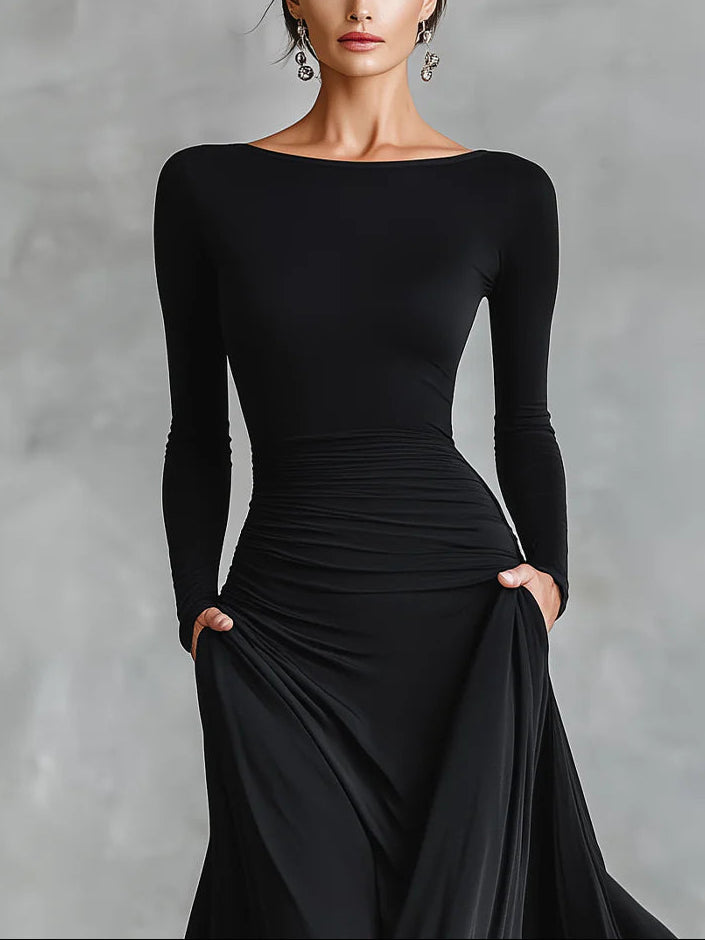 Ruxley Black Crepe Maxi Dress - Boat Neck & Pleated Floor-Length