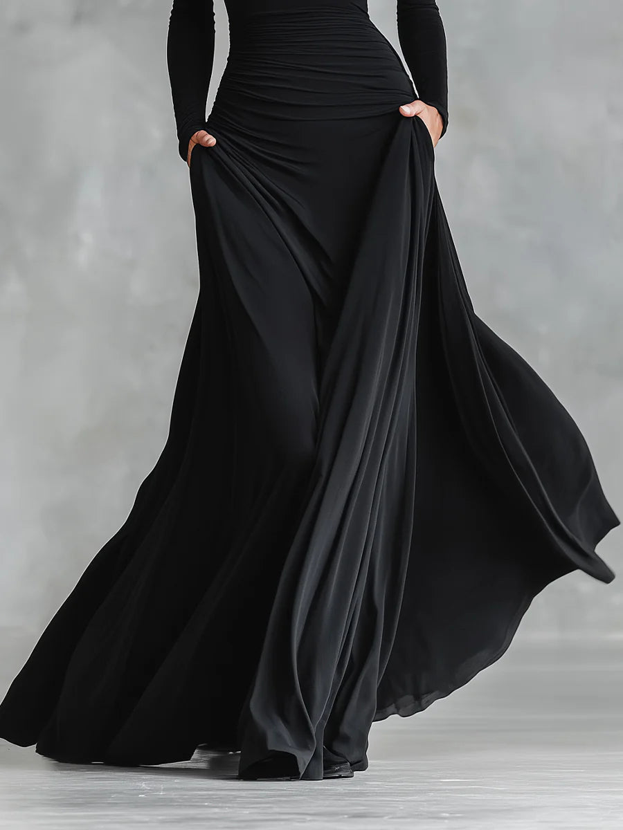 Ruxley Black Crepe Maxi Dress - Boat Neck & Pleated Floor-Length