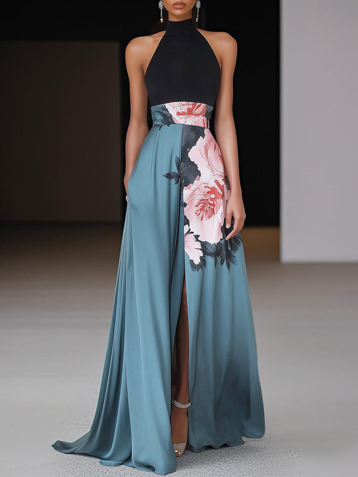 Ruxley Black Floral Maxi Dress - High-Neck & High Slit Design