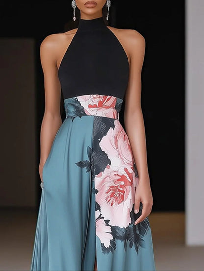 Ruxley Black Floral Maxi Dress - High-Neck & High Slit Design