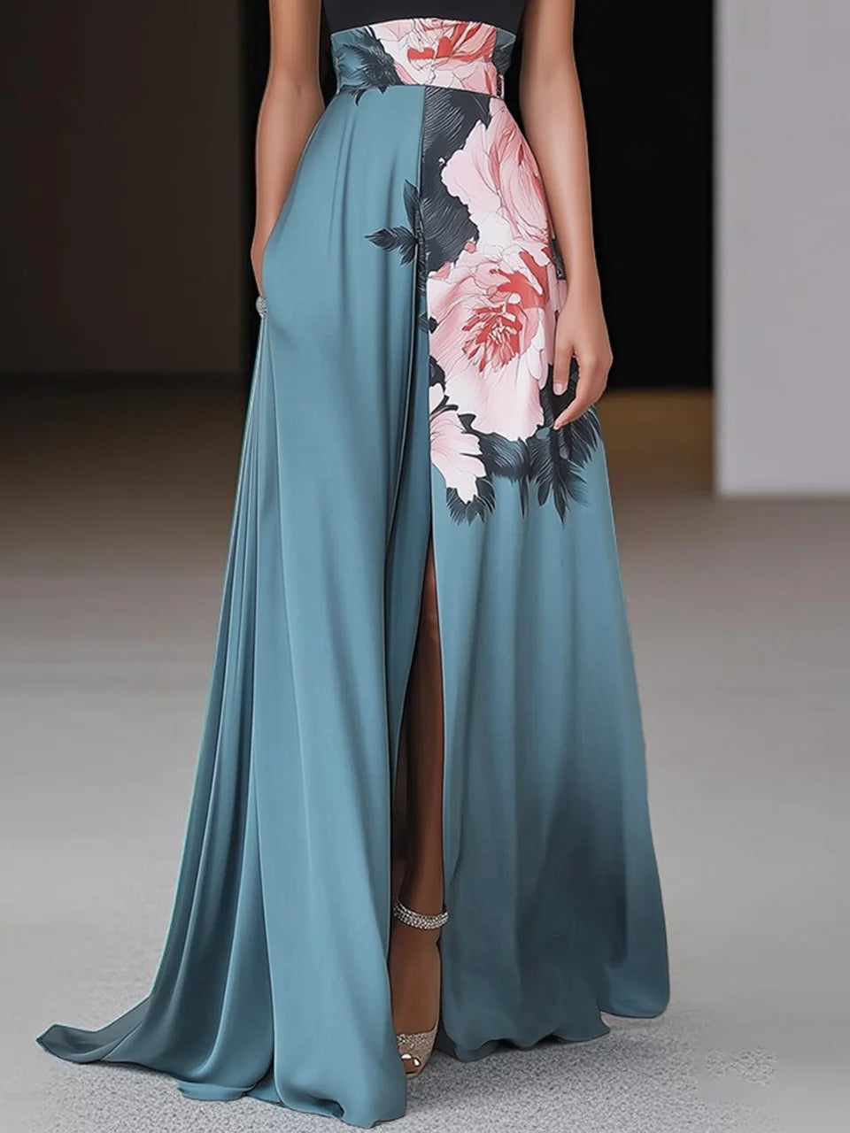 Ruxley Black Floral Maxi Dress - High-Neck & High Slit Design