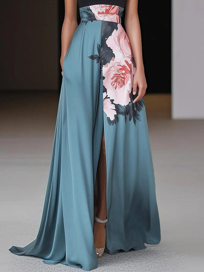 Ruxley Black Floral Maxi Dress - High-Neck & High Slit Design