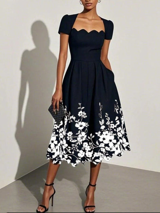 Ruxley Black Floral Print Square Neck A-Line Midi Dress