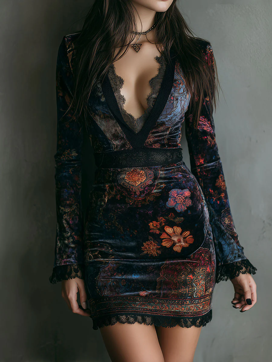 Ruxley Black Floral Print Velvet Mini Dress - V-Neck Lace Trim