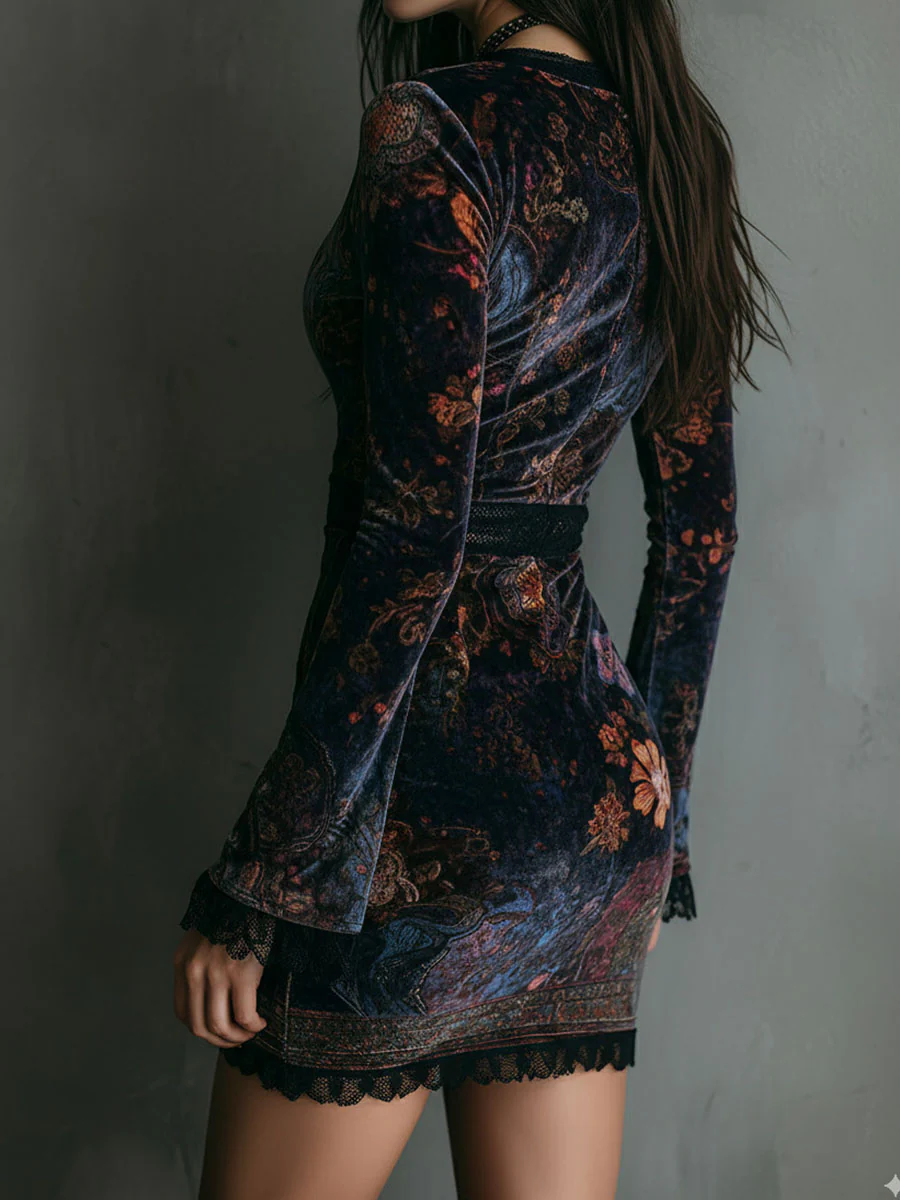Ruxley Black Floral Print Velvet Mini Dress - V-Neck Lace Trim