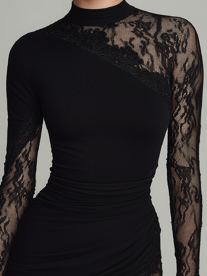 Ruxley Black Lace Bodycon Mini Dress - Turtleneck Sheer Sleeve