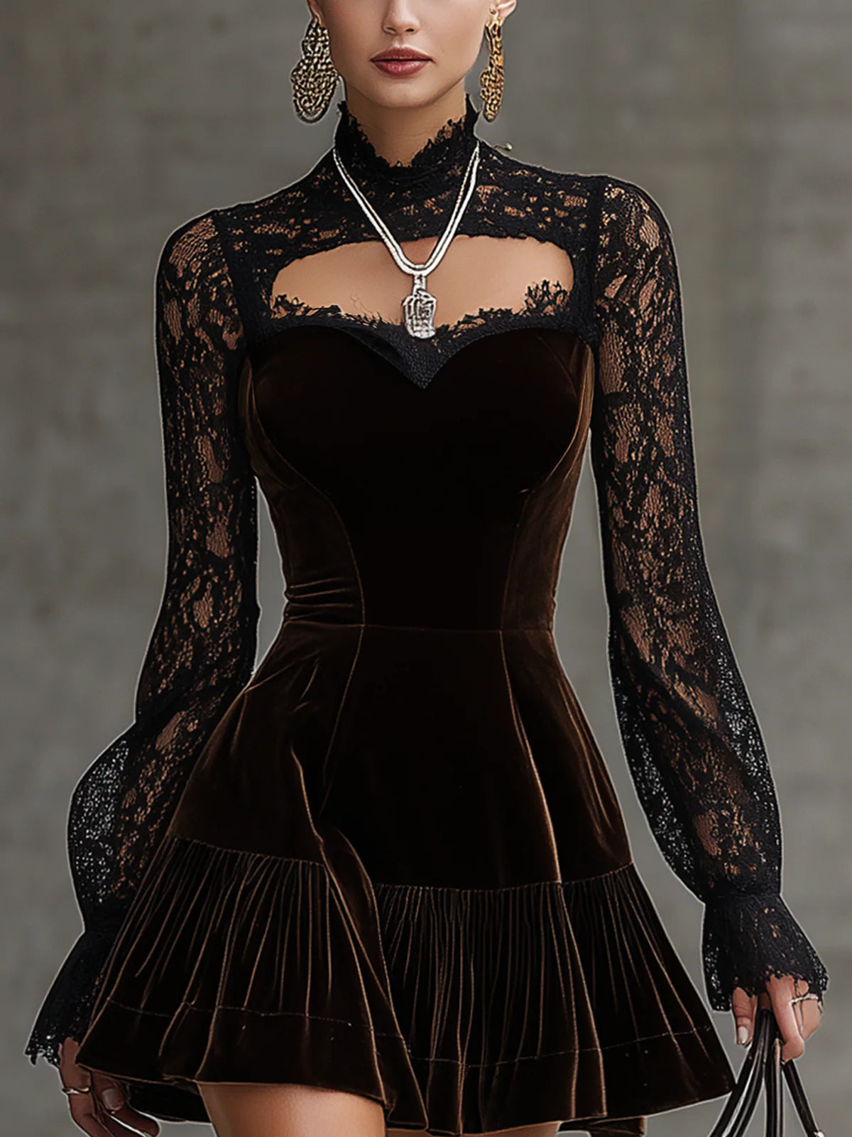 Ruxley Black Lace Velvet Mini Dress - Cutout Neck Sheer Sleeve