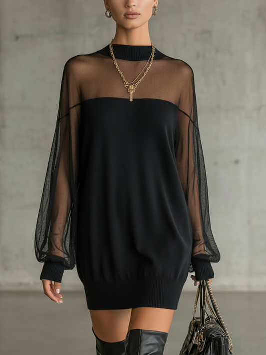 Ruxley Black Mesh Sleeve Mini Dress - High Neck Sheer
