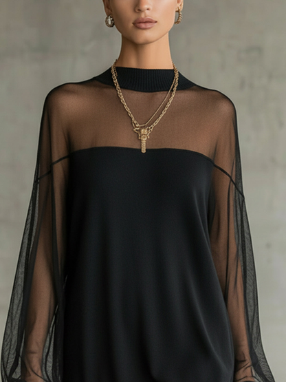 Ruxley Black Mesh Sleeve Mini Dress - High Neck Sheer