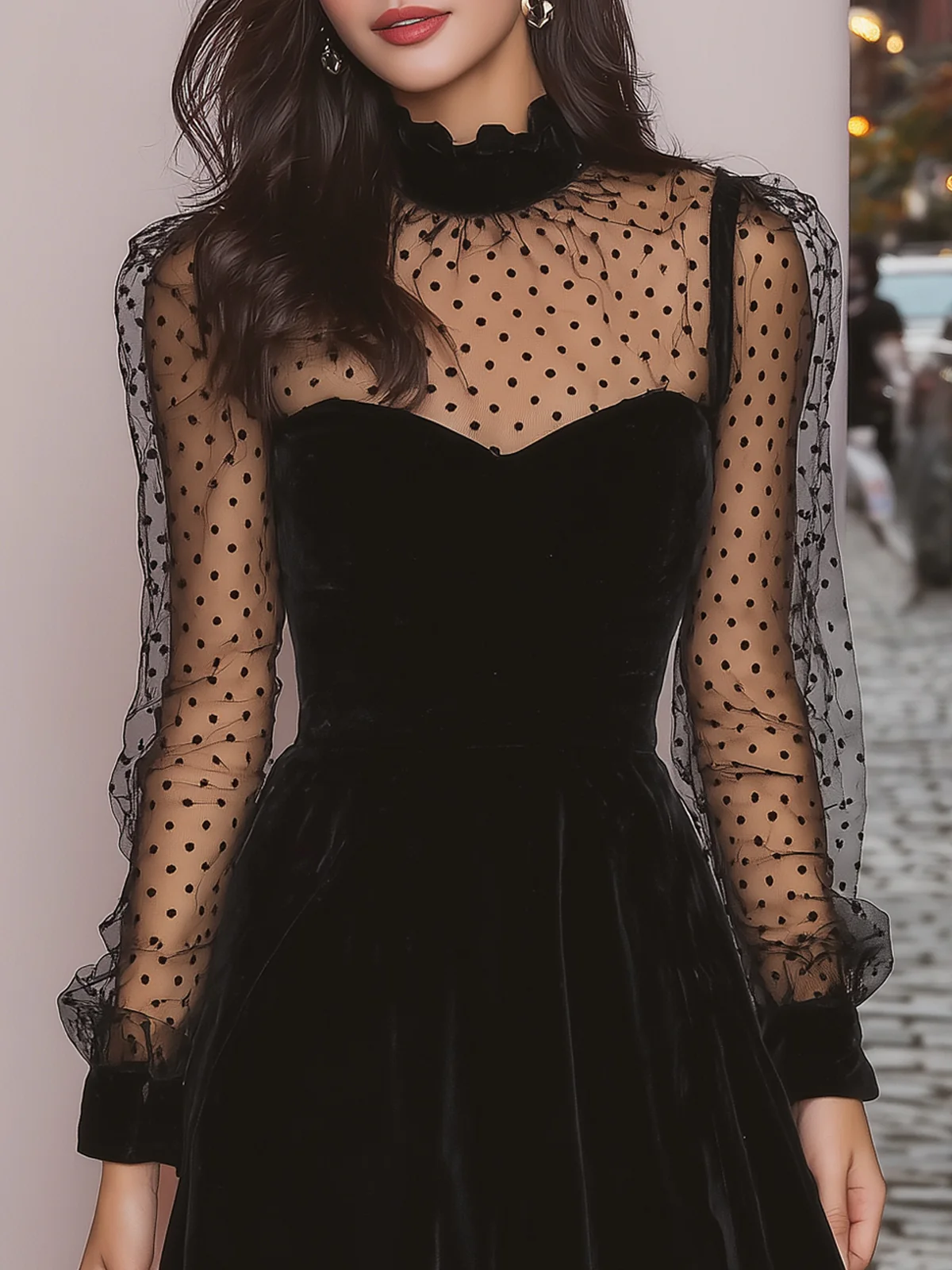 Ruxley Black Polka Dot Mini Dress - Velvet Sheer Sleeve