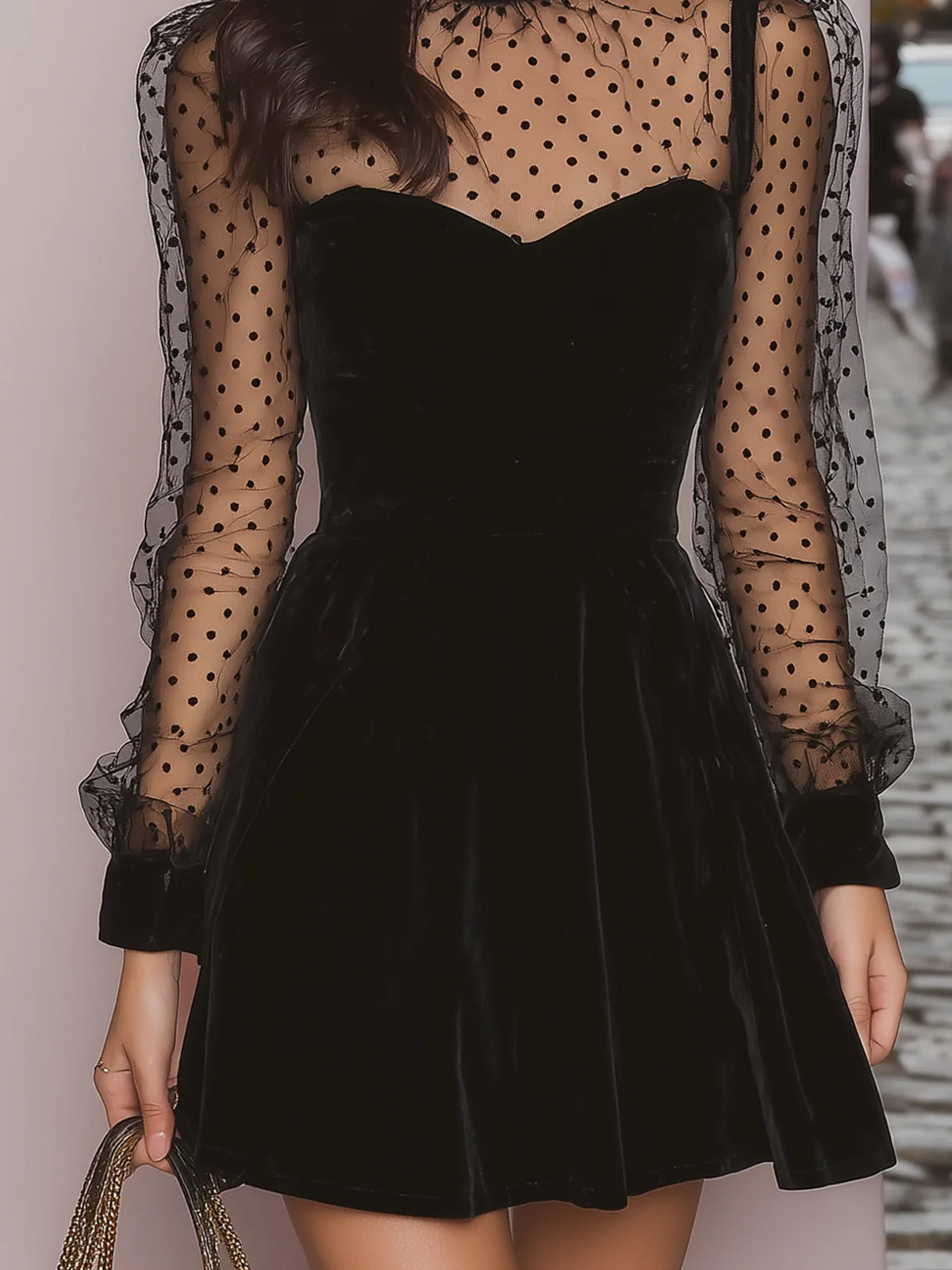 Ruxley Black Polka Dot Mini Dress - Velvet Sheer Sleeve