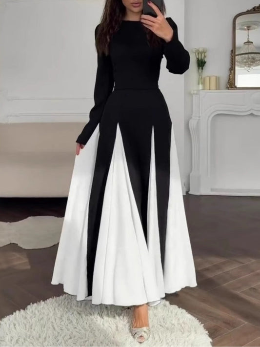 Ruxley Black & White Colorblock Dress - Elegant Round Neck Maxi Fit