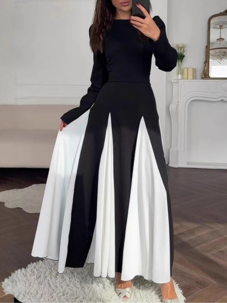 Ruxley Black & White Colorblock Dress - Elegant Round Neck Maxi Fit