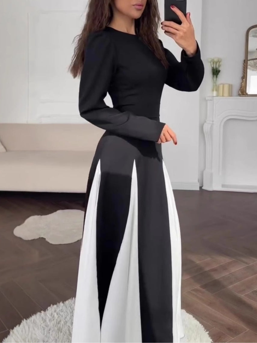 Ruxley Black & White Colorblock Dress - Elegant Round Neck Maxi Fit