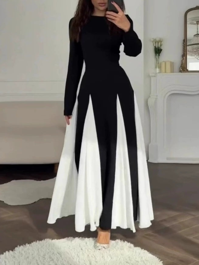 Ruxley Black & White Colorblock Dress - Elegant Round Neck Maxi Fit