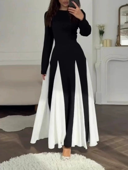 Ruxley Black & White Colorblock Dress - Elegant Round Neck Maxi Fit