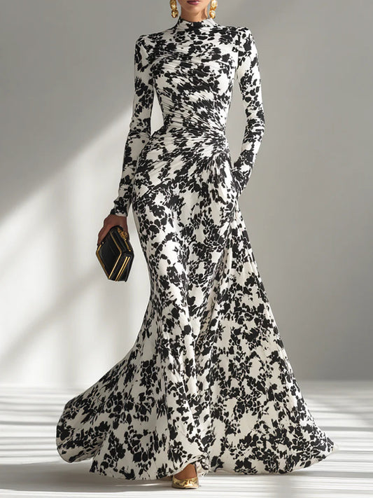 Ruxley Black & White Patterned Maxi Dress - Stretch Wrap Fit