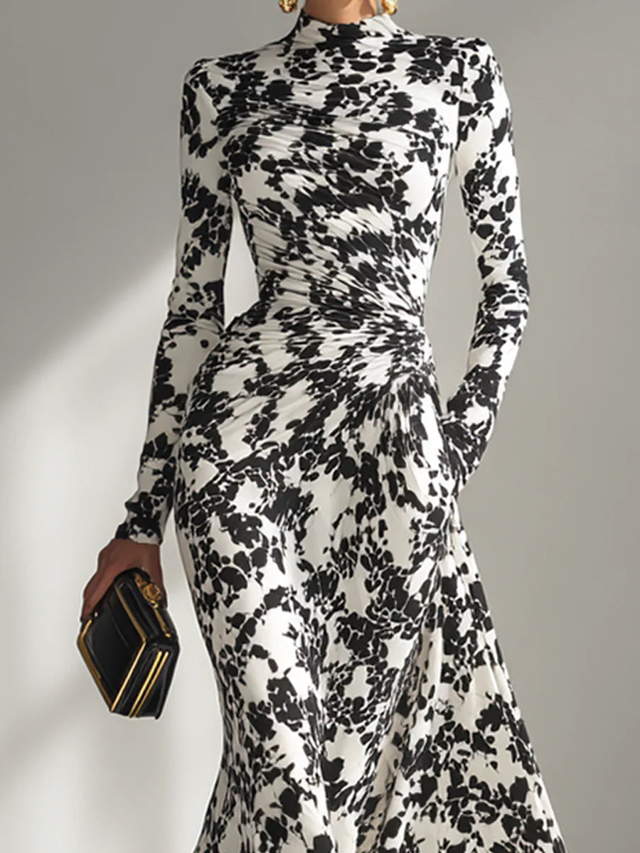 Ruxley Black & White Patterned Maxi Dress - Stretch Wrap Fit